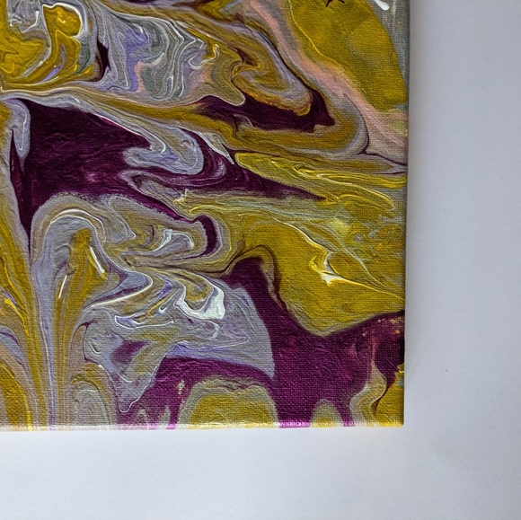 Hand Crafted Acrylic Pour Painting Yellow and Purple 10x10 - Picture 2 of 7